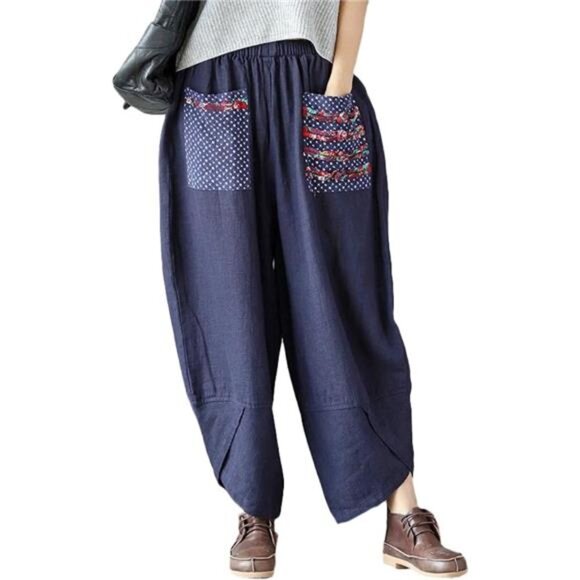 Women´s Baggy Linen Wide Leg Trouser Casual Patchwork...